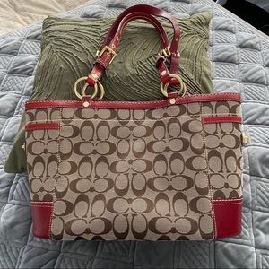 Coach Logo Tote with Red Leather Trim